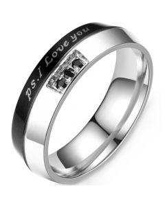 **COI Titanium Black Silver P.S. I Love You Ring With Cubic Zirconia-7890BB