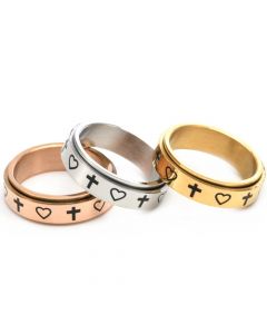 **COI Titanium Rose/Gold Tone/Silver Cross & Heart Step Edges Ring-7904BB