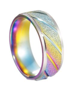 **COI Titanium Black/Gold Tone/Rainbow Pride Silver Diagonal Grooves Step Edges Ring-7976BB