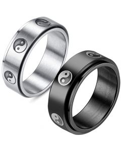 **COI Titanium Black/Silver Ying Yang Step Edges Ring-8065BB