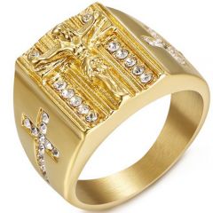 **COI Gold Tone Titanium Jesus Cross Ring With Cubic Zirconia-8067BB