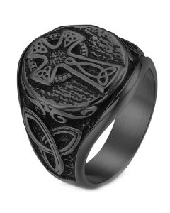 **COI Titanium Black/Silver Cross & Trinity Knots Ring-8215BB