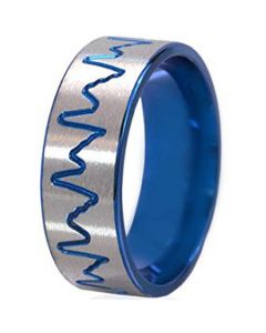 COI Titanium Blue Silver Heartbeat Pipe Cut Flat Ring-195