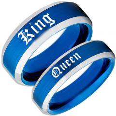COI Titanium Blue Silver King Queen Beveled Edges Ring-4168