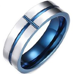 COI Titanium Blue Silver Horizontal & Vertical Groove Ring-3375
