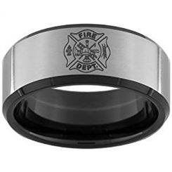 *COI Titanium Black Silver Firefighter Beveled Edges Ring - JT3908