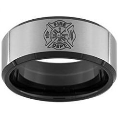 *COI Titanium Black Silver Firefighter Beveled Edges Ring - JT3908
