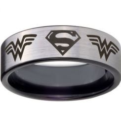 **COI Titanium Black Silver Super Man & Wonder Women Ring - 4449