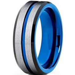 **COI Titanium Black Blue Center Groove Beveled Edges Ring-5189