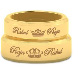 *COI Gold Tone Titanium King Queen Crown Beveled Edges Ring With Custom Names Engraving-5459