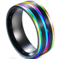 **COI Black Titanium Rainbow Pride Center Groove Step Edges Ring-5572