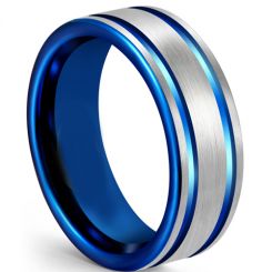 COI Titanium Blue Silver Double Grooves Ring-5611