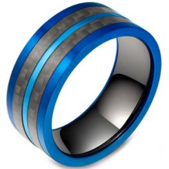 **COI Titanium Black Blue Pipe Cut Flat Ring With Carbon Fiber-5800