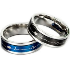 **COI Titanium Black/Blue Silver Heartbeat & Heart Ring-5887