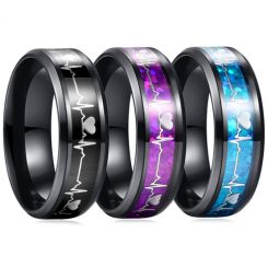 *COI Black Titanium Heartbeat Beveled Edges Ring With Black/Purple/Blue Carbon Fiber-6882BB