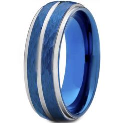 *COI Titanium Blue Silver Hammered Sandblasted Center Groove Ring-6909AA