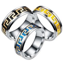 **COI Titanium Black/Gold Tone/Blue Silver Greek Key Beveled Edges Ring-6967AA