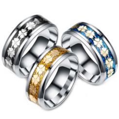 **COI Titanium Black/Gold Tone/Blue Silver Clover Floral Pattern Beveled Edges Ring-6968AA