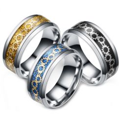 **COI Titanium Black/Gold Tone/Blue Silver Gears Beveled Edges Ring-6971AA