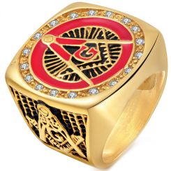 **COI Gold Tone Titanium Black Red Masonic Freemason Ring With Cubic Zirconia-6980AA