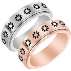 **COI Titanium Black Silver/Rose Step Edges Rotating Ring With Floral-7063BB