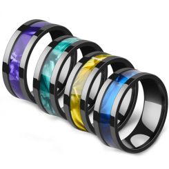 **COI Black Titanium Pipe Cut Flat Ring With Yellow/Blue/Green/Purple Abalone Shell-7074AA
