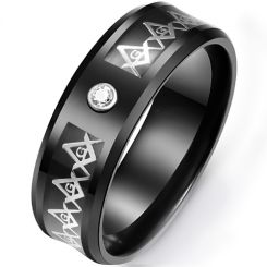 **COI Black Titanium Masonic Beveled Edges Ring With Cubic Zirconia-7092AA