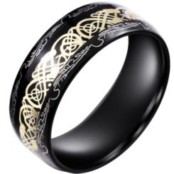 **COI Black Titanium Gold Tone Dragon Damascus Dome Court Ring With Blue/Black Carbon Fiber-7102