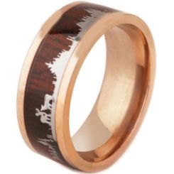 **COI Rose/Black Titanium Hunting Scene Pipe Cut Flat Ring With Wood-7133