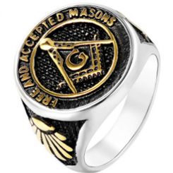 **COI Titanium Black Gold Tone Silver Masonic Freemason Ring-7175