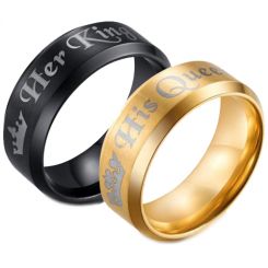 **COI Titanium Black Gold Tone King Queen Crown Beveled Edges Ring-7191AA