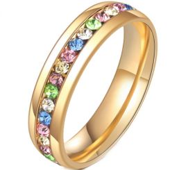 **COI Gold Tone Titanium Dome Court Ring With Rainbow Color Cubic Zirconia-7256AA
