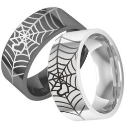 **COI Titanium Black/Silver Spider Web & Heart Pipe Cut Flat Ring7401BB