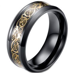 **COI Black Titanium Gold Tone Dragon Beveled Edges Ring With Carbon Fiber-7437BB