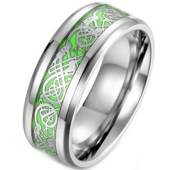 **COI Titanium Black/Gold Tone/Silver Dragon Beveled Edges Ring With Green Carbon Fiber-7441BB