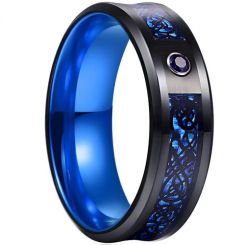 **COI Titanium Black Blue Dragon Beveled Edges Ring With Created Blue Sapphire-7525BB