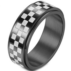 **COI Titanium Black Silver Checkered Flag Step Edges Ring-7532BB
