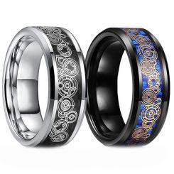 **COI Titanium Black/Silver Gears Beveled Edges Ring With Carbon Fiber-7562BB