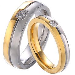 **COI Titanium Gold Tone Silver Center Groove Ring With Cubic Zirconia-7595BB