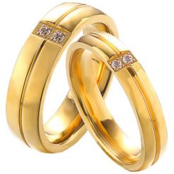 **COI Gold Tone Titanium Center Groove Ring With Cubic Zirconia-7596BB