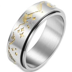 **COI Titanium Gold Tone Silver Step Edges Ring With Cubic Zirconia-7603BB