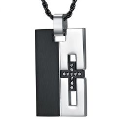 COI Titanium Black Silver Tag Pendant With Cross & Cubic Zirconia-7688BB