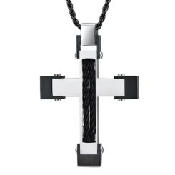 COI Titanium Black Silver Cross Pendant With Wire-7695BB