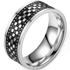 **COI Titanium Black Silver Checkered Flag Pipe Cut Flat Ring-7889BB