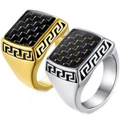 **COI Titanium Gold Tone/Silver Greek Key Pattern Ring With Carbon Fiber-7895BB