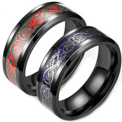 **COI Titanium Black Red/Silver Dragon Beveled Edges Ring-7912BB