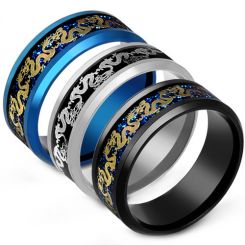**COI Titanium Black/Blue/Silver Dragon Beveled Edges Ring-7996BB