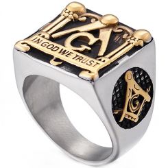 **COI Titanium Black Gold Tone Silver Masonic Freemason In God We Trust Ring-8007BB
