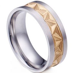 **COI Titanium Gold Tone Silver Double Grooves Faceted Ring-8033BB
