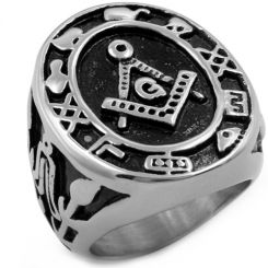 **COI Titanium Black Silver Masonic Freemason Ring-8060BB